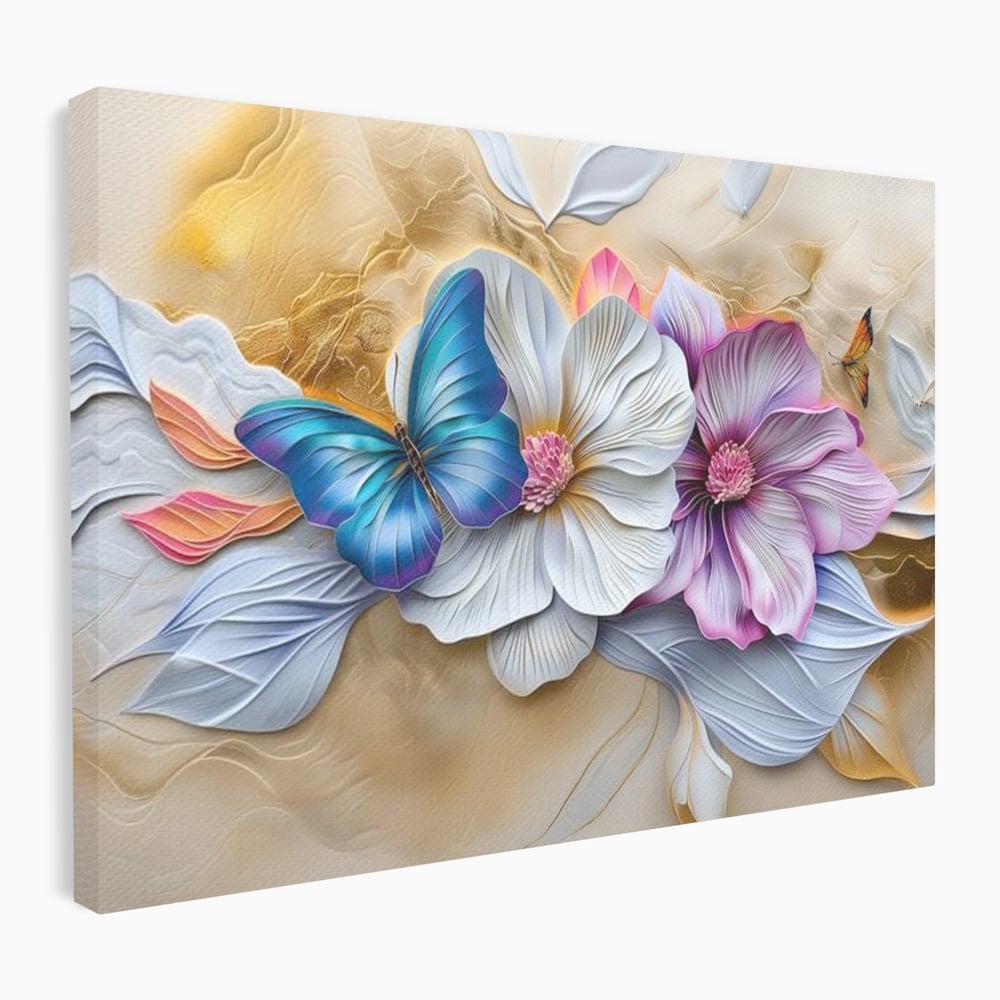 Tablou canvas cu tablou canvas cu flori si fluture, fara rama, pe sasiu de lemn